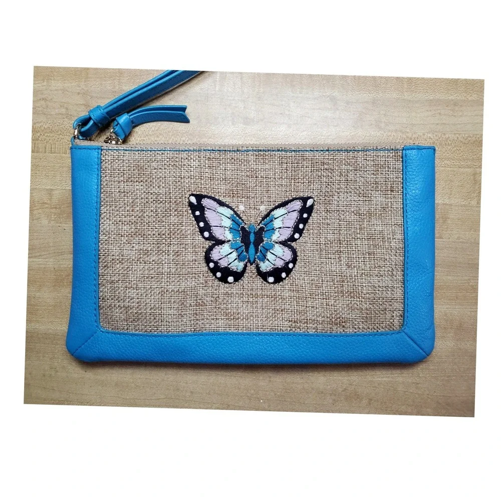 Talbots Blue Leather Trim Jute Butterfly Embroidered Wristlet Clutch Bag